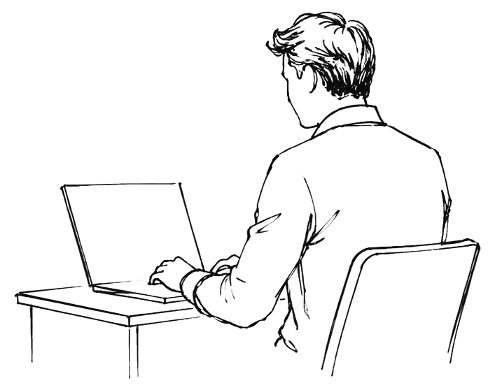 Ink drawing: a figure at a laptop, hesitating